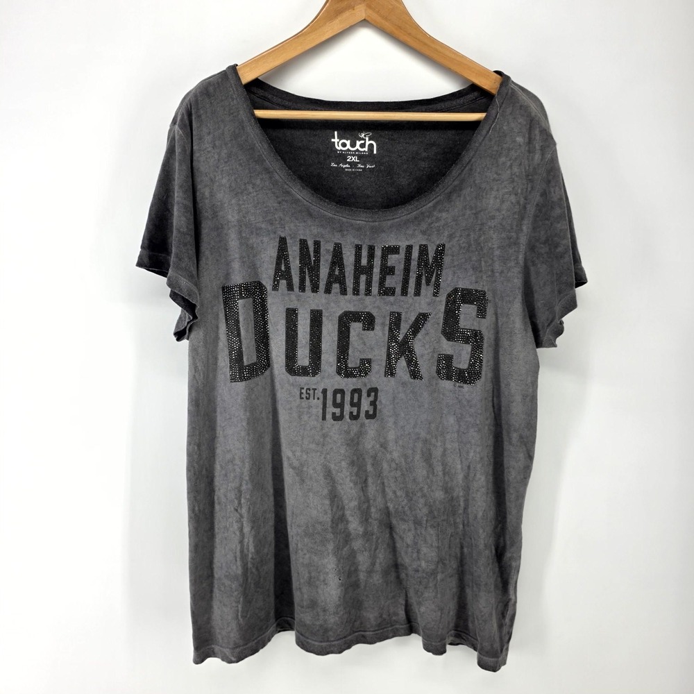 Touch Anaheim Ducks T-Shirt Women 2XL Gray Rhinestone NHL Hockey Mineral Wash